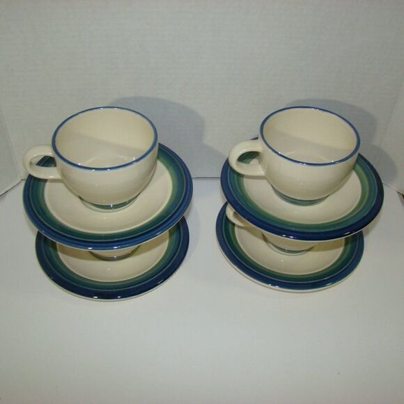 4 Sets Pfaltzgraff Stoneware Ocean Breeze Flat Cup & Saucer - Picture 4 of 8